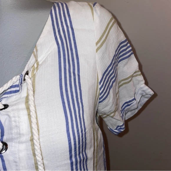 Skies Are Blue dress short sleeve  lace up White Blue Stripe cotton blend small - Picture 3 of 9